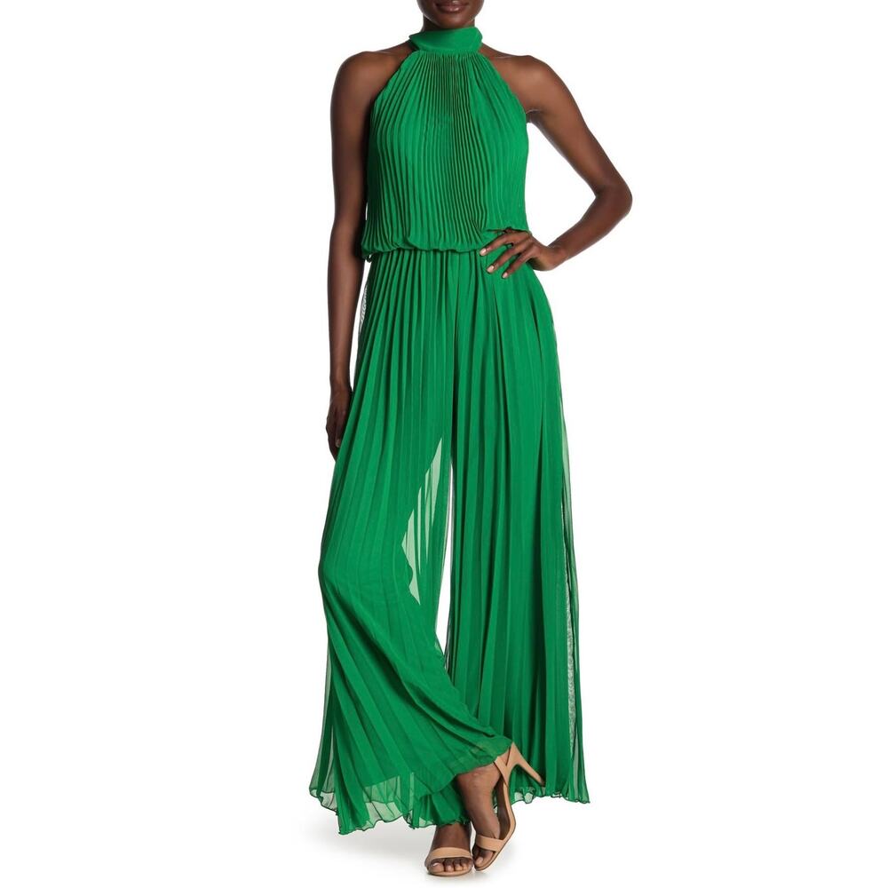 Meghan Los Angeles Emerald Green Pleated Halter Jumpsuit Wide Leg EUC Medium